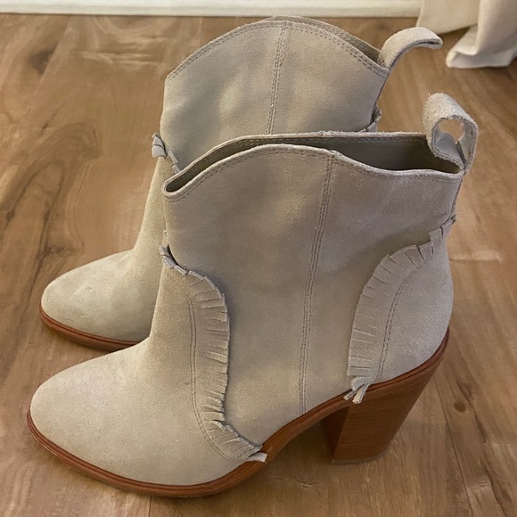 $398 JOIE Tan Brown Suede Block Heel Booties With Fringe Size 38 8 - Picture 5 of 6